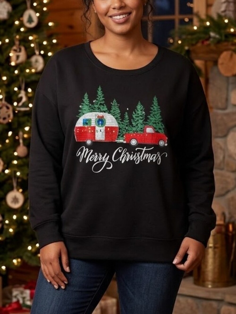 State of Mind Black Holiday Camper & Red Truck Crewneck Sweatshirt